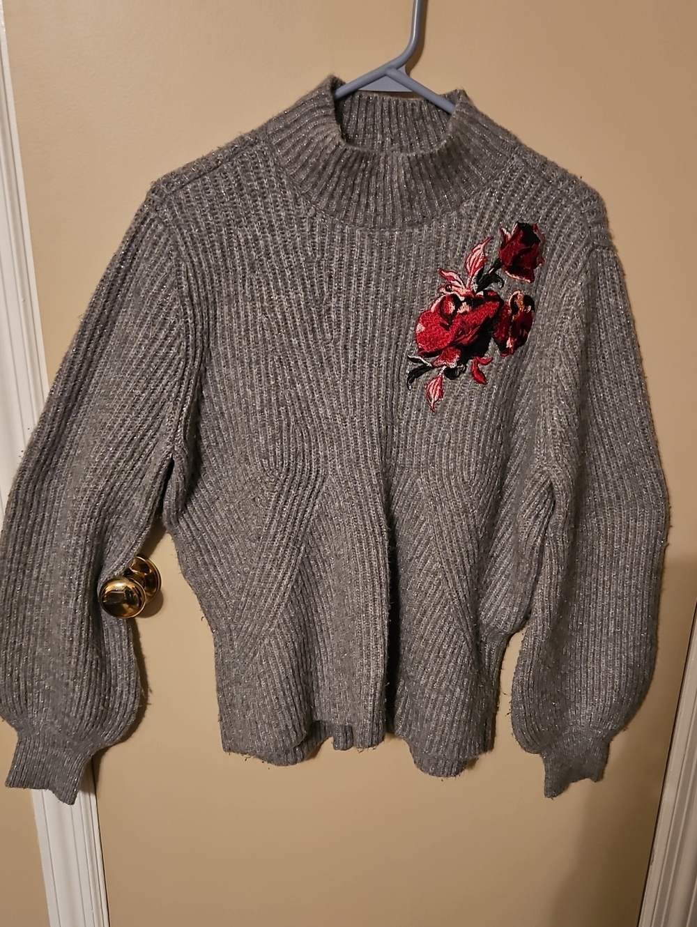 Jennifer Lopez Heather Gray Ribbed Mock Turtleneck Sweater with Red Floral Patch